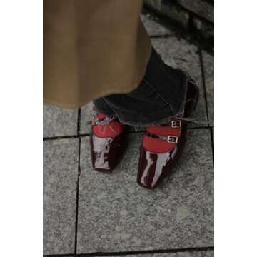 richealnini Ankle Strap Platform Mary Janes Kawaii Goth Shoes Mary Jane Flats Shoes Women Dressy Comfortable Closed Square Toe Slip on Ballet Flat Oxford Office Work Pumps Burgundy Size 8