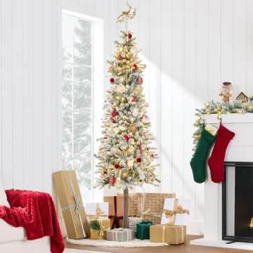 Best Choice Products Flocked Pencil Christmas Tree 6ft Pre-lit Alpine Slim Holiday Decoration, Light...