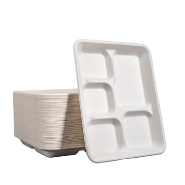 Eland 5 Compartment Plates Disposable Heavy Duty[100-Pack], White Color 10.25"x 8.25" - Small divided disposable plates, Compostable Plates with Dividers-(PFAS Free)
