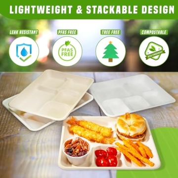 Eland 5 Compartment Plates Disposable Heavy Duty[100-Pack], White Color 10.25"x 8.25" - Small divided disposable plates, Compostable Plates with Dividers-(PFAS Free)