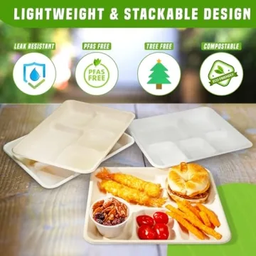 Eland 5 Compartment Plates Disposable Heavy Duty[100-Pack], White Color 10.25"x 8.25" - Small divided disposable plates, Compostable Plates with Dividers-(PFAS Free)