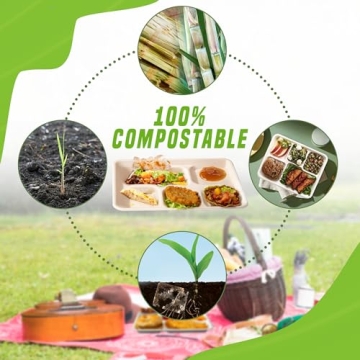 Eland 5 Compartment Plates Disposable Heavy Duty[100-Pack], White Color 10.25"x 8.25" - Small divided disposable plates, Compostable Plates with Dividers-(PFAS Free)