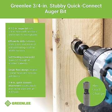 Greenlee 60A-3/4 Quick Change Wood Boring Stubby Auger Bit with 1/4" Quick Connect Attachment, Wood Boring Auger Drill Bit with Self-Feeding Screw Point