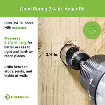 Greenlee 60A-3/4 Quick Change Wood Boring Stubby Auger Bit with 1/4" Quick Connect Attachment, Wood Boring Auger Drill Bit with Self-Feeding Screw Point