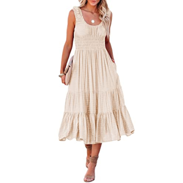 AlvaQ Women's Summer Bohemian Beach Midi Dresses 2025 Crew Neck Sleeveless Smocked Waist Ruffle Tier...