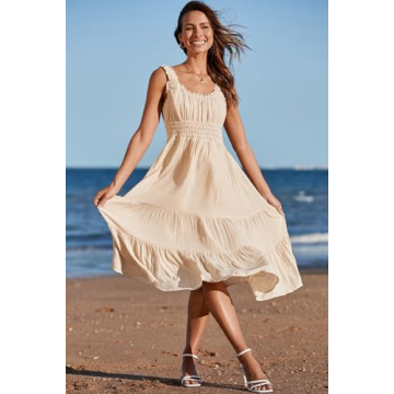 AlvaQ Women's Summer Bohemian Beach Midi Dress with Pockets
