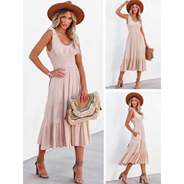 AlvaQ Women's Summer Bohemian Beach Midi Dress with Pockets