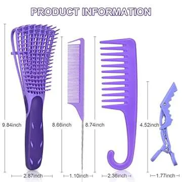 EZ Detangler Brush Set, MORGLES Detangling Hair Brush for Black Natural Hair Wide Tooth Comb with Rat Tail Comb 5PCS Alligator Clips for Men Women Kids(Purple)