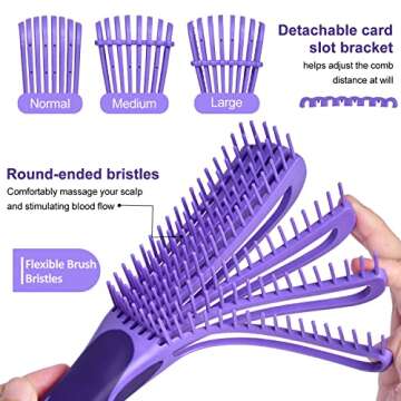 EZ Detangler Brush Set, MORGLES Detangling Hair Brush for Black Natural Hair Wide Tooth Comb with Rat Tail Comb 5PCS Alligator Clips for Men Women Kids(Purple)