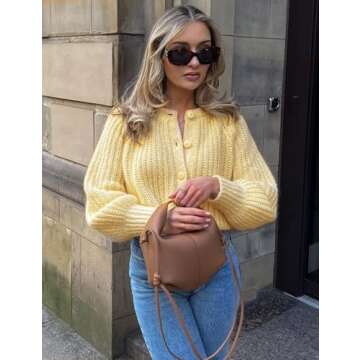 Yimoon Womens Y2K Cardigan Sweater Crewneck Long Sleeve Button Down Cropped Chunky Knit Cardigan Outwear 2024 Fall(Yellow-L)