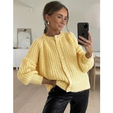 Yimoon Womens Y2K Cardigan Sweater Crewneck Long Sleeve Button Down Cropped Chunky Knit Cardigan Outwear 2024 Fall(Yellow-L)