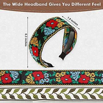 EBOOT 4 Pieces Boho Headband for Women Embroidery Wide Hair Band Bohemia Floral Knotted Wide Headban...