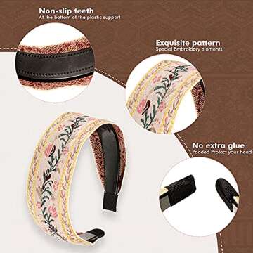 EBOOT 4 Pieces Boho Headband for Women Embroidery Wide Hair Band Bohemia Floral Knotted Wide Headbands Vintage Ethnic Style Hair Band Girls Hair Accessories(Classic Pattern)