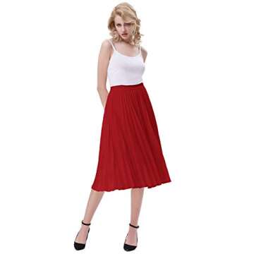 Elegant Pleated Flared Skater Skirt in Red Size M