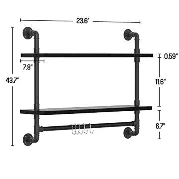 armocity Industrial Pipe Shelving, 2 Tier Floating Shelves Iron Pipe Shelves with Towel Bar, Wood Bathroom Shelves Wall Mounted Pipe Wall Shelf with Hooks for Bedroom, Bathroom, Living Room, Black