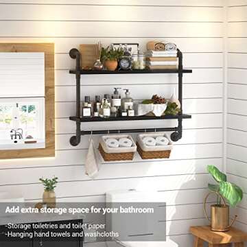armocity Industrial Pipe Shelving, 2 Tier Floating Shelves Iron Pipe Shelves with Towel Bar, Wood Bathroom Shelves Wall Mounted Pipe Wall Shelf with Hooks for Bedroom, Bathroom, Living Room, Black