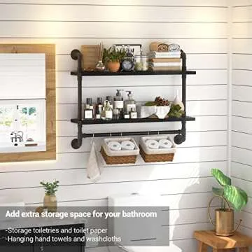 armocity Industrial Pipe Shelving, 2 Tier Floating Shelves Iron Pipe Shelves with Towel Bar, Wood Bathroom Shelves Wall Mounted Pipe Wall Shelf with Hooks for Bedroom, Bathroom, Living Room, Black