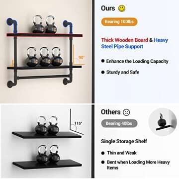 armocity Industrial Pipe Shelving, 2 Tier Floating Shelves Iron Pipe Shelves with Towel Bar, Wood Bathroom Shelves Wall Mounted Pipe Wall Shelf with Hooks for Bedroom, Bathroom, Living Room, Black
