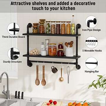 armocity Industrial Pipe Shelving, 2 Tier Floating Shelves Iron Pipe Shelves with Towel Bar, Wood Bathroom Shelves Wall Mounted Pipe Wall Shelf with Hooks for Bedroom, Bathroom, Living Room, Black