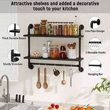 armocity Industrial Pipe Shelving, 2 Tier Floating Shelves Iron Pipe Shelves with Towel Bar, Wood Bathroom Shelves Wall Mounted Pipe Wall Shelf with Hooks for Bedroom, Bathroom, Living Room, Black