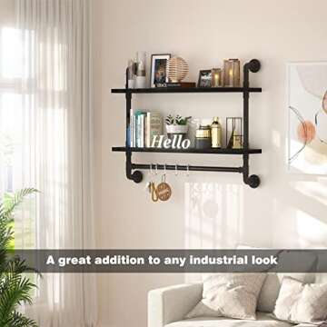 armocity Industrial Pipe Shelving, 2 Tier Floating Shelves Iron Pipe Shelves with Towel Bar, Wood Bathroom Shelves Wall Mounted Pipe Wall Shelf with Hooks for Bedroom, Bathroom, Living Room, Black