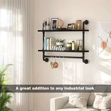 armocity Industrial Pipe Shelving, 2 Tier Floating Shelves Iron Pipe Shelves with Towel Bar, Wood Bathroom Shelves Wall Mounted Pipe Wall Shelf with Hooks for Bedroom, Bathroom, Living Room, Black