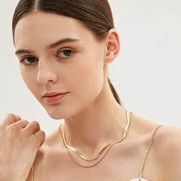 YADUDA Rope Chain Herringbone Necklace Tarnish Resistant Layered Necklaces Dainty Gold Necklace for Women Double Layering Flat Snake Chain Necklace Jewelry Gift for Womens