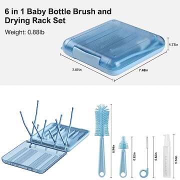 6 in 1 Bottle Cleaning Brush Set with Silicone Bottle Brush, Nipple Brush, Straw Brush, Soap Dispenser, Drying Rack for Baby Bottle and Water Bottle, Space Saving Baby Essentials for Home and Travel
