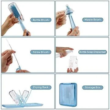 6 in 1 Bottle Cleaning Brush Set with Silicone Bottle Brush, Nipple Brush, Straw Brush, Soap Dispenser, Drying Rack for Baby Bottle and Water Bottle, Space Saving Baby Essentials for Home and Travel