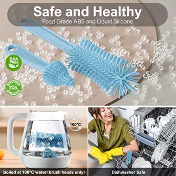 6 in 1 Bottle Cleaning Brush Set with Silicone Bottle Brush, Nipple Brush, Straw Brush, Soap Dispenser, Drying Rack for Baby Bottle and Water Bottle, Space Saving Baby Essentials for Home and Travel