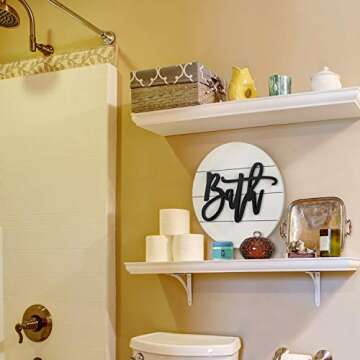 Modern Rustic 3D Bath Sign,Wooden, Handcrafted, Shiplap Farmhouse Bathroom Round Sign for Wall Hanging Décor for Home (White)