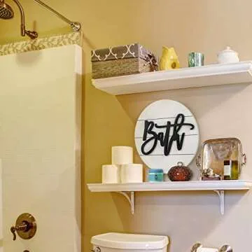 Modern Rustic 3D Bath Sign,Wooden, Handcrafted, Shiplap Farmhouse Bathroom Round Sign for Wall Hanging Décor for Home (White)