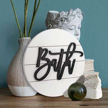 Modern Rustic 3D Bath Sign,Wooden, Handcrafted, Shiplap Farmhouse Bathroom Round Sign for Wall Hanging Décor for Home (White)