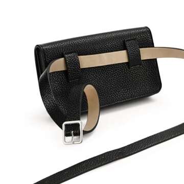 Risantry Women's Trendy Fanny Packs Black Leather CrossBody Bag Fashion Waist Pack Functional Belt Bag Adjustable Leather Strap