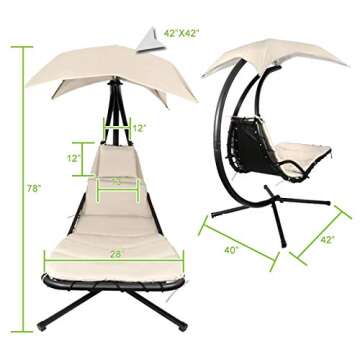 Geniqua Patio Hanging Chaise Outdoor Lounger Padded Cushion Swing Hammock Chair w/Sun Shade Canopy Umbrella Stand [Beige]