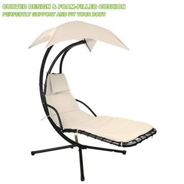 Geniqua Patio Hanging Chaise Outdoor Lounger Padded Cushion Swing Hammock Chair w/Sun Shade Canopy Umbrella Stand [Beige]
