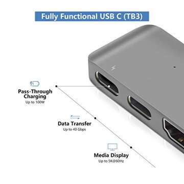 Purgo Mini USB C Hub Adapter Dongle for 2025/2024-2020 MacBook Air 13” 15” M3 M2 M1, MacBook Air USB Adapter with 4K HDMI, 100W PD, 40Gbps TB3 5K@60Hz, USB-C and 2 USB 3.0 (Space Grey)