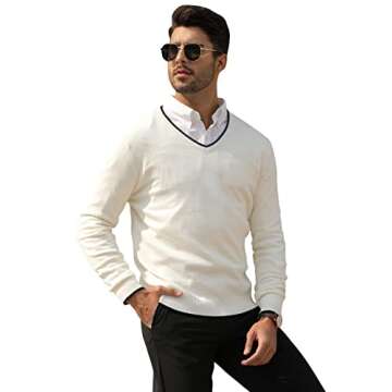 Esobo Men's Cotton Sweater V Neck Long Sleeve Knitted Pullover Jumper Tops (White,X-Large)