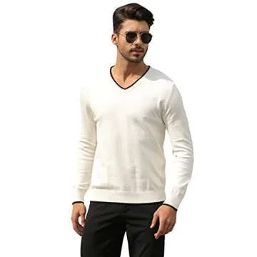 Esobo Men's Cotton Sweater V Neck Long Sleeve Knitted Pullover Jumper Tops (White,X-Large)