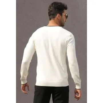 Esobo Men's Cotton Sweater V Neck Long Sleeve Knitted Pullover Jumper Tops (White,X-Large)
