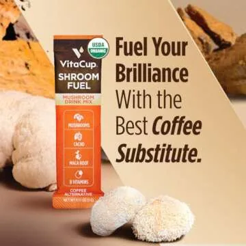 VitaCup Shroom Fuel, Mushroom Based Instant Coffee Alternative Packets, Mushroom Coffee Substitute w/Cacao, Cinnamon, Chaga, Lions Mane, & Maca for Energy, Immune Support, & Focus, 24ct