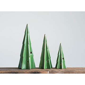 Creative Co-Op Stoneware Tree with Star Cutouts & LED Light, Green