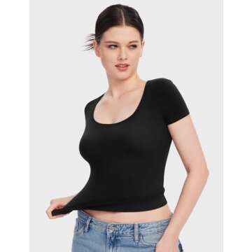 PUMIEY Short Sleeve T Shirts for Women Scoop Neck Top Basic Going Out Crop Tops Summer Slim Fit Tee Shirt Jet Black, Meduim