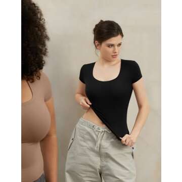 PUMIEY Short Sleeve T Shirts for Women Scoop Neck Top Basic Going Out Crop Tops Summer Slim Fit Tee Shirt Jet Black, Meduim