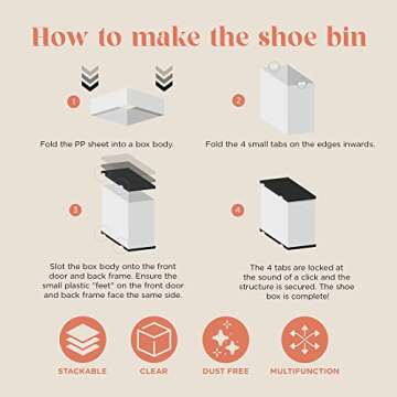 HPST 12-Pack Shoe Storage Boxes - Shoes Organizer for Closet - Clear Plastic Stackable Shoe Containers - Clear Shoe Boxes Stackable and Foldable For Sneaker Storage, Books, Toys, Tools Black