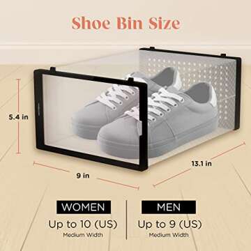 HPST 12-Pack Shoe Storage Boxes - Shoes Organizer for Closet - Clear Plastic Stackable Shoe Containers - Clear Shoe Boxes Stackable and Foldable For Sneaker Storage, Books, Toys, Tools Black