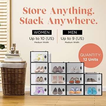 HPST 12-Pack Shoe Storage Boxes - Shoes Organizer for Closet - Clear Plastic Stackable Shoe Containers - Clear Shoe Boxes Stackable and Foldable For Sneaker Storage, Books, Toys, Tools Black