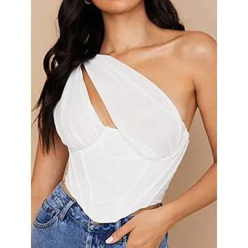 Avanova Women's Corset Crop Top One Shoulder Criss Cross Wrap Ruched Mesh Patchwork Bustiers Tank White Small