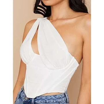 Avanova Women's Corset Crop Top One Shoulder Criss Cross Wrap Ruched Mesh Patchwork Bustiers Tank White Small