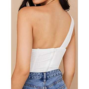Avanova Women's Corset Crop Top One Shoulder Criss Cross Wrap Ruched Mesh Patchwork Bustiers Tank White Small